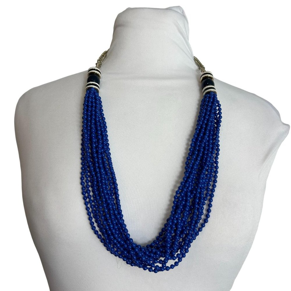 Talbots Gold Tone Blue Beaded Multi Strand Necklace Statement 28" Chunky